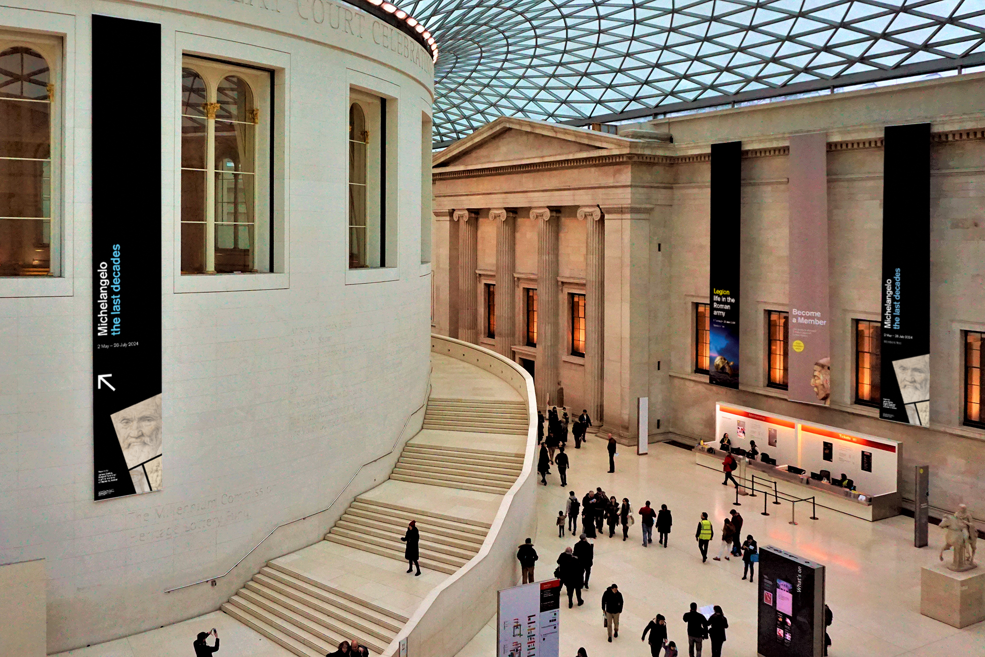 In-situ photo of the exhibition banner in the Museum's Great Court